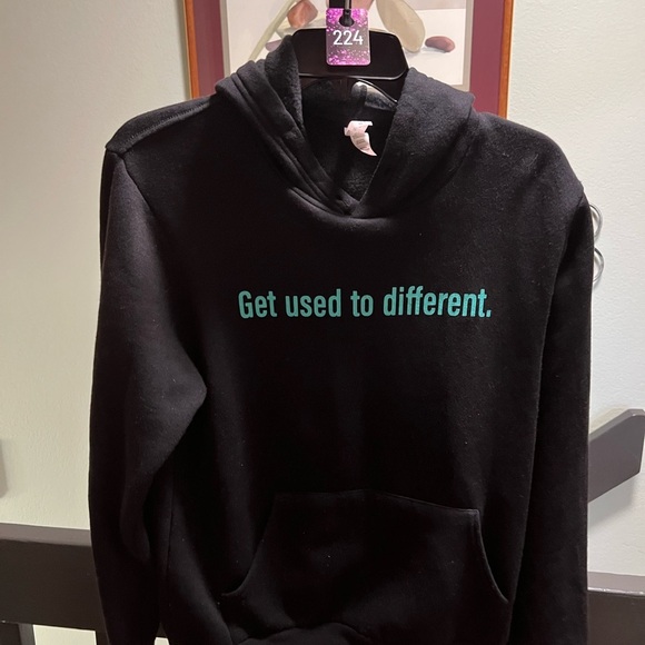 Bella Canvas Black Hoodie with Teal Text “get Used To Different” The Chosen #224 - Picture 5 of 5